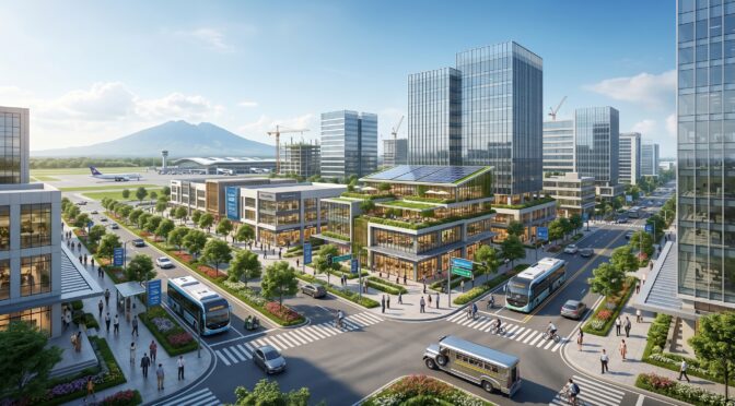 Modern city center with sustainable buildings, solar panels, greenery, and busy streets.