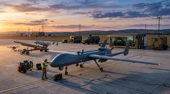 MQ-9 Reaper drone and personnel on tarmac at sunrise