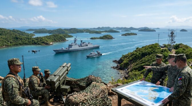 Philippine marines study map with naval ships and drone in bay