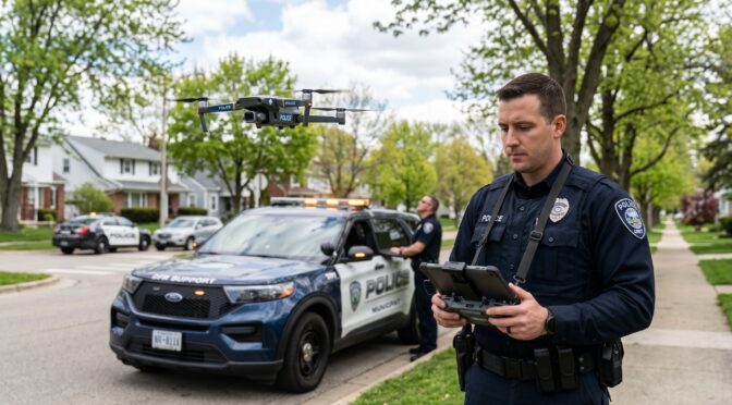 Police officer operates drone near patrol car with flashing lights.