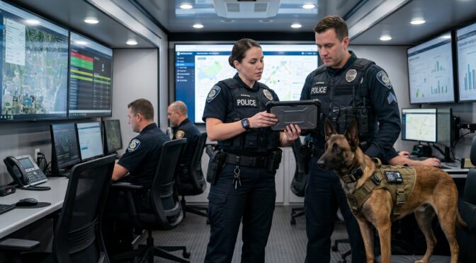 Police officers and K9 unit in a mobile command center with screens displaying maps and data.