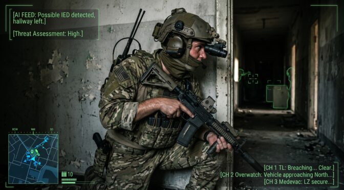 Soldier in tactical gear with rifle, AI feed showing threat assessment and possible IED.