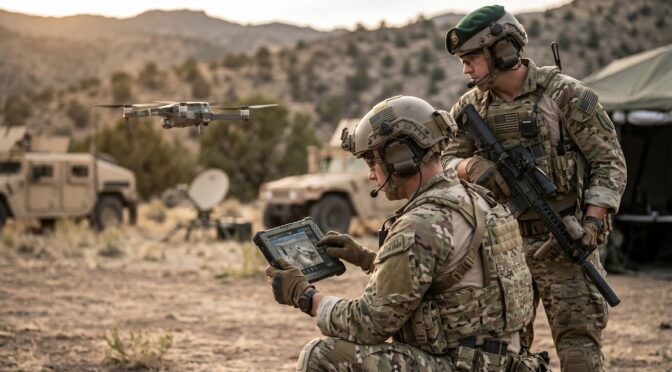 Soldiers use a drone and tablet for surveillance in a desert landscape.