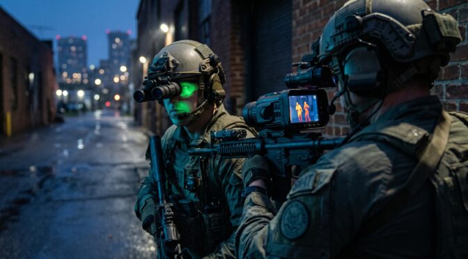 Two soldiers with night vision goggles and thermal imaging device in a city alley at dusk.