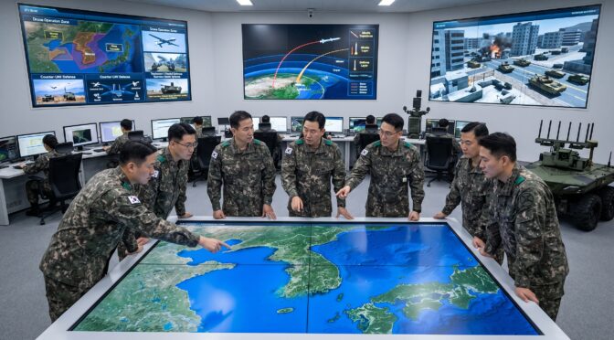 South Korean soldiers in a drone operations center analyze a large tactical map.