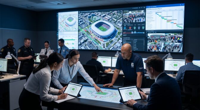 Operations center team monitors stadium security on large display screens.