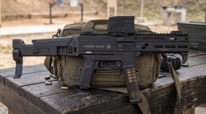 Stribog SP9A3 pistol caliber carbine with Vortex optic on a wooden table