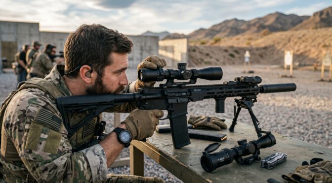 Man in tactical gear aims a rifle with a scope at an outdoor shooting range.