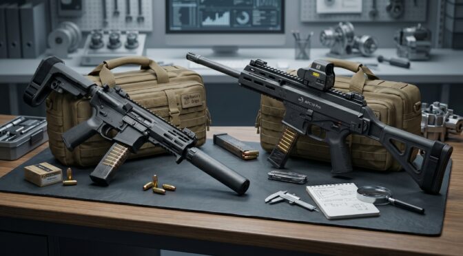 Two tactical rifles, ammunition, and accessories laid out on a workbench.