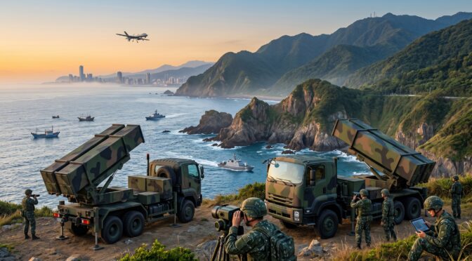 Military vehicles with missile launchers on coastal defense, drone overhead.