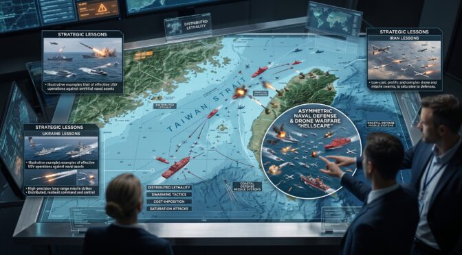 Military strategists analyze Taiwan Strait naval warfare simulation, focusing on distributed lethality and drone swarm tactics.
