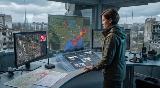 Woman in military jacket analyzing Ukraine map on holographic display.