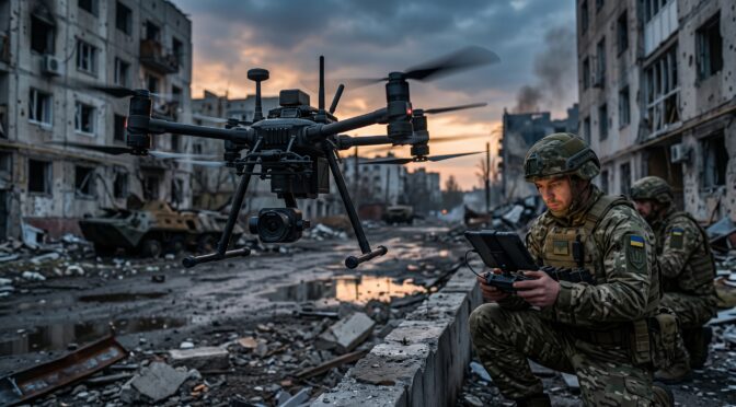 Ukrainian soldiers operate a drone over a destroyed city at sunset.