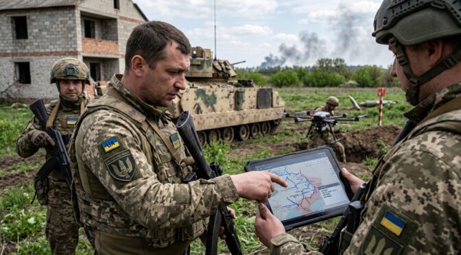 Ukrainian soldiers review a map on a tablet near a tank and drone.