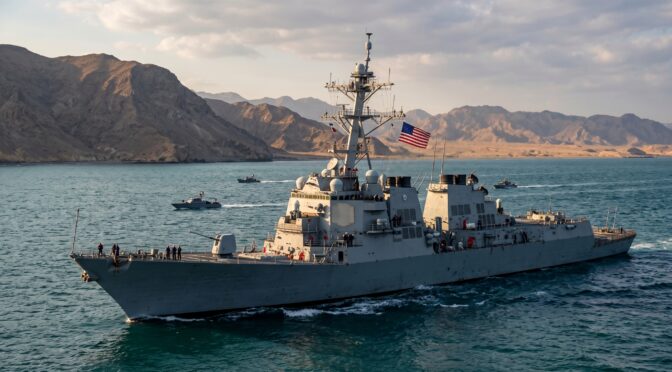 US Navy destroyer sails in the sea with mountainous coastline and escort vessels.