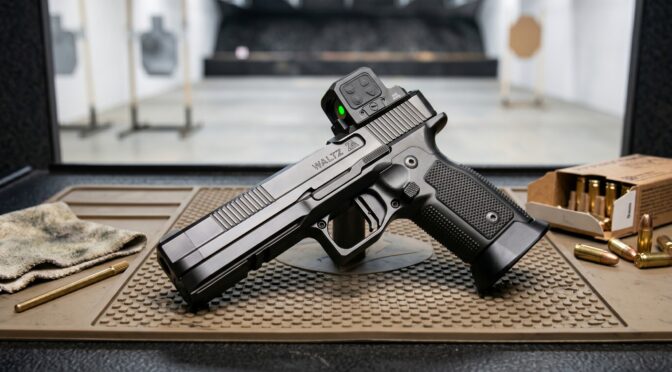 Waltz pistol with red dot sight on a shooting range mat, with ammunition and cleaning cloth.
