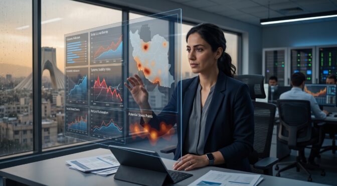 Woman analyzing economic data and social unrest in Iran on a futuristic holographic display.
