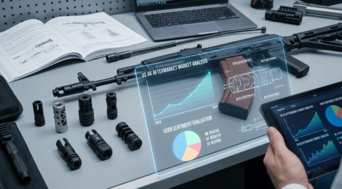 AK-47 aftermarket parts and market analysis on futuristic display