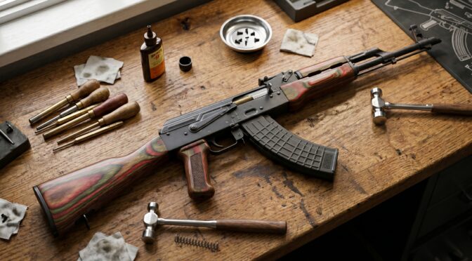 AK-47 rifle disassembled on a wooden workbench with tools and cleaning supplies.