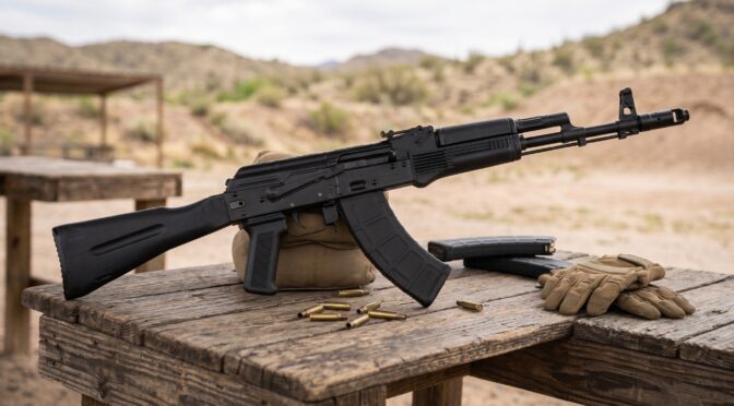 Black AK-47 style rifle on a wooden table with ammunition and gloves at a shooting range.