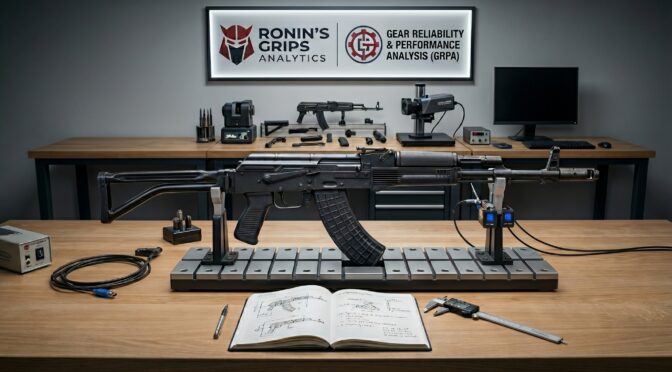 AK-47 rifle on test stand with Ronin's Grips Analytics logo