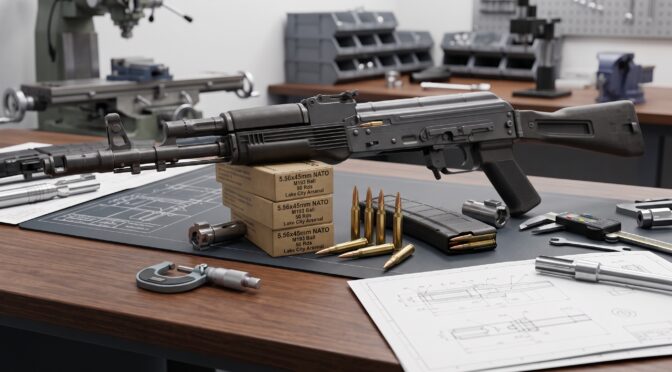 AK-47 rifle with ammunition, blueprints, and tools on a workbench.