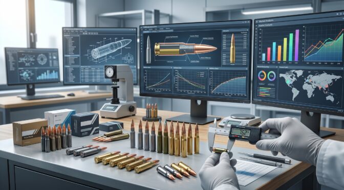 Ballistics lab with scientist measuring bullets on a workbench with computer analysis.