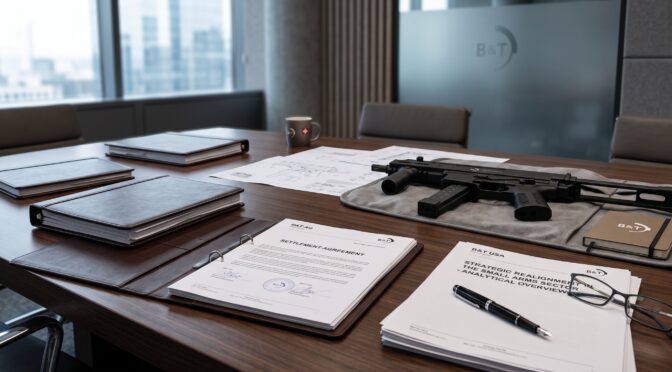B&T firearms and settlement agreement on office conference table