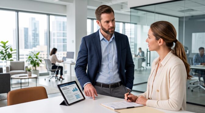 Business professionals review tablet data in a modern office with city views.
