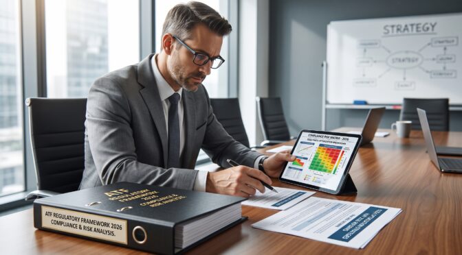 Businessman analyzes compliance risk matrix on tablet in office meeting room