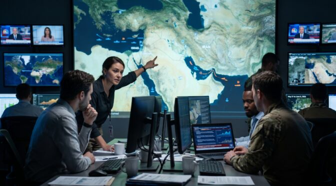 Team analyzing Middle East map on large screen in command center.