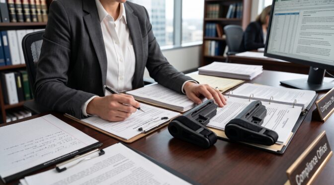Compliance officer reviewing documents with firearms on desk