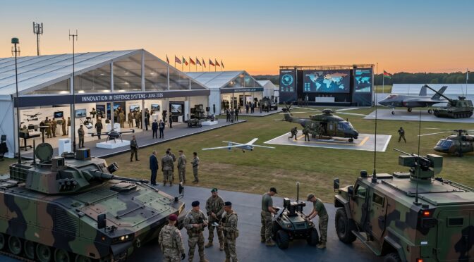 Defense systems exhibit with tanks, helicopters, drones, and military personnel.