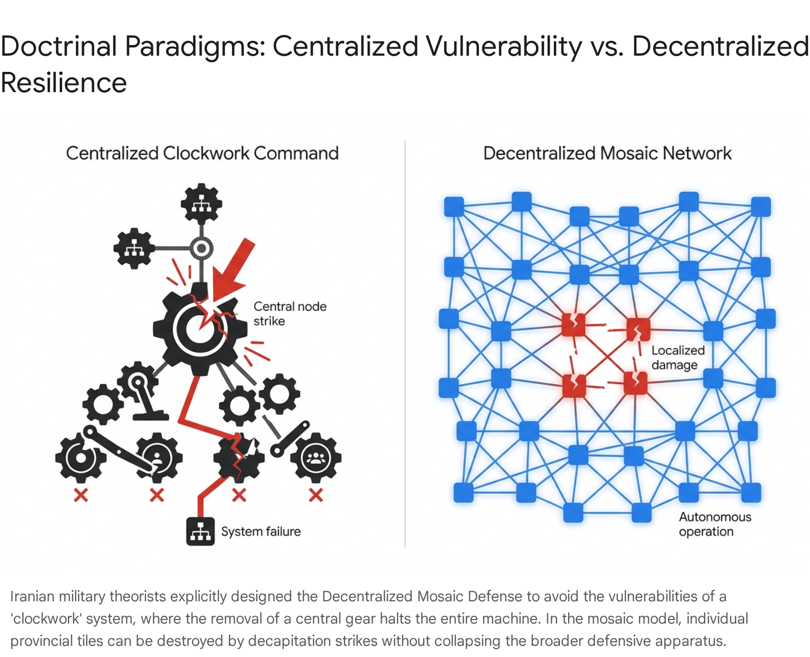 Diagram illustrating Iran's decentralized mosaic defense
