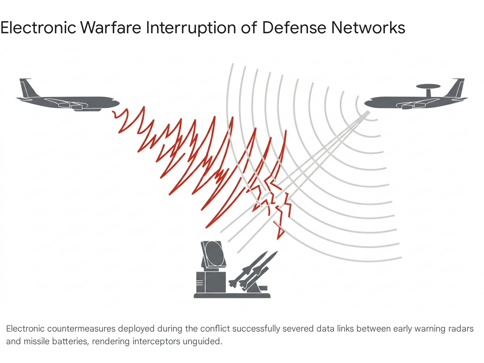 Diagram showing electronic warfare interrupting a defense