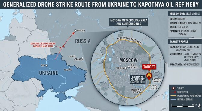 Map showing drone strike route from Ukraine to Kaptnya Oil Refinery in Moscow