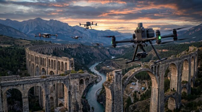Drones fly over ancient Roman aqueduct ruins in a mountain valley at sunset.