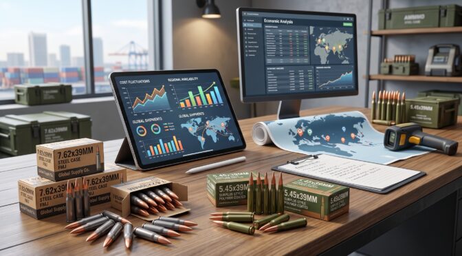Desk with computer, tablet showing economic analysis, and ammunition boxes.