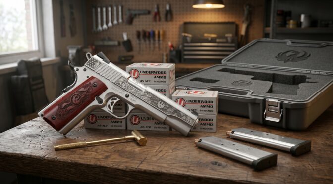 Engraved 1911 pistol with wooden grips, ammunition boxes, and case