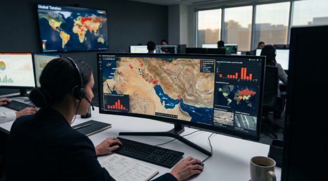 Analyst monitors global tension map with attack incidents in Iran and Middle East.