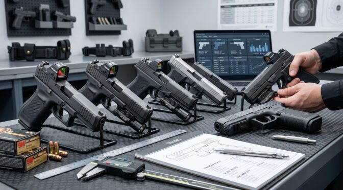 Glock pistols with red dot sights and accessories laid out on a workbench.