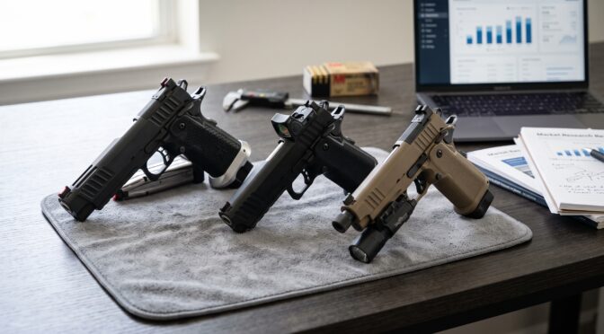 Three handguns with accessories on a cleaning mat next to a laptop and notebook.