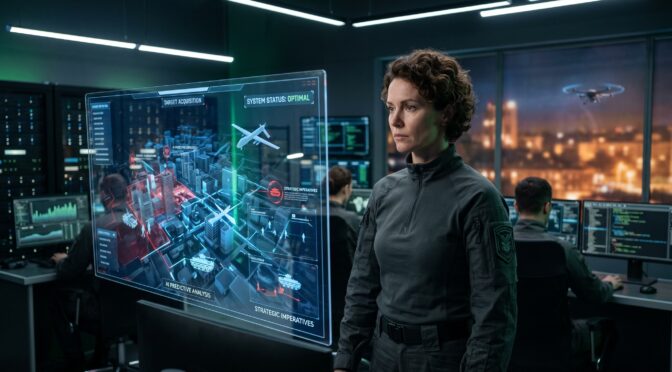 Woman in tactical uniform observes holographic display of city targeting system.