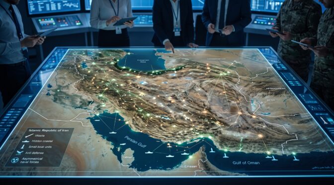 Military personnel analyze a holographic map of Iran with strategic points and naval assets.