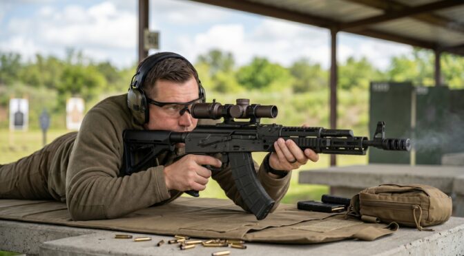 Man in shooting glasses and headphones lies prone, aiming an AK-47 rifle with a scope.