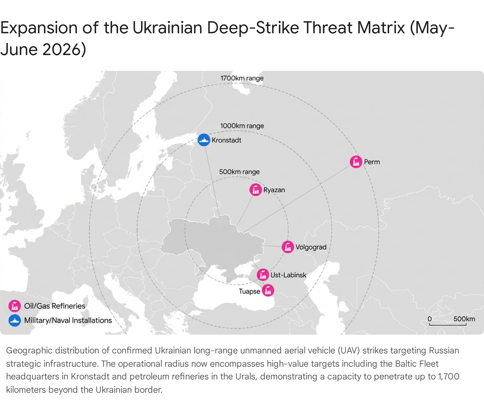 Map showing locations of Ukrainian deep strikes during the