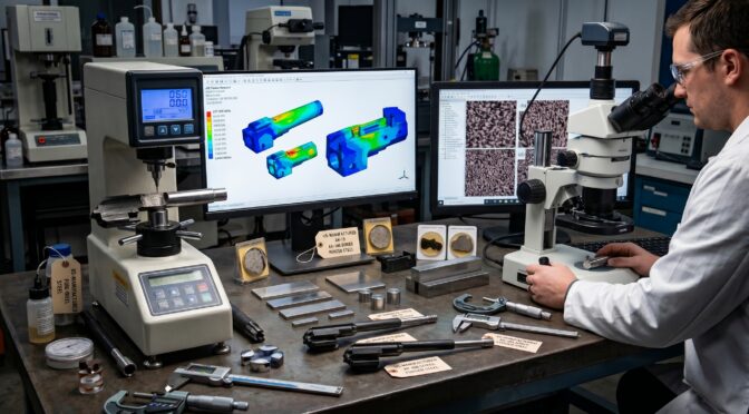 Scientist in lab examines material sample under microscope with computer analysis