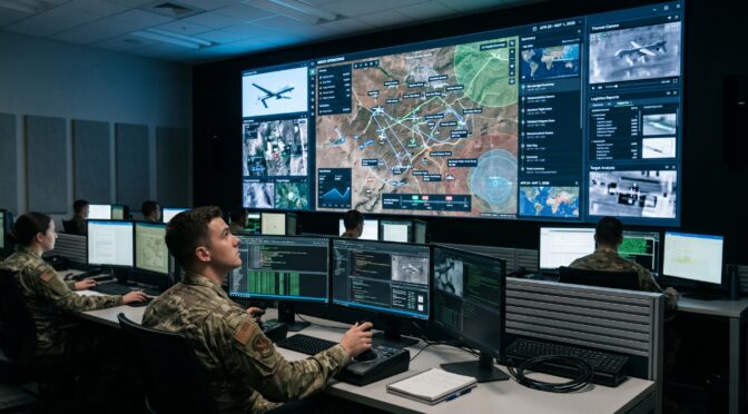 Military personnel monitor a large screen displaying a tactical map with drone feeds.