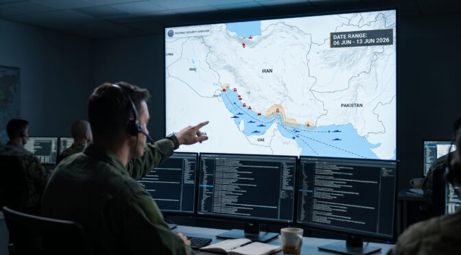 Military personnel in control room analyze regional security map with naval activity.