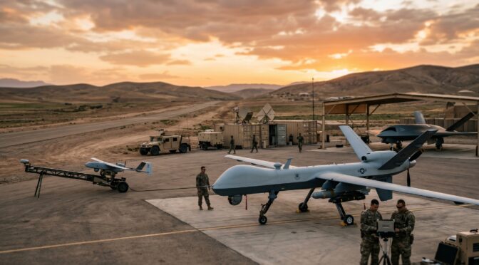 Military personnel prepare MQ-9 Reaper drones on an airfield at sunset.
